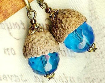 Boucles CHENES Bleu AZUR GLANDS naturels perles facettes cristal Bohême foret coupelle bronze vintage OR460