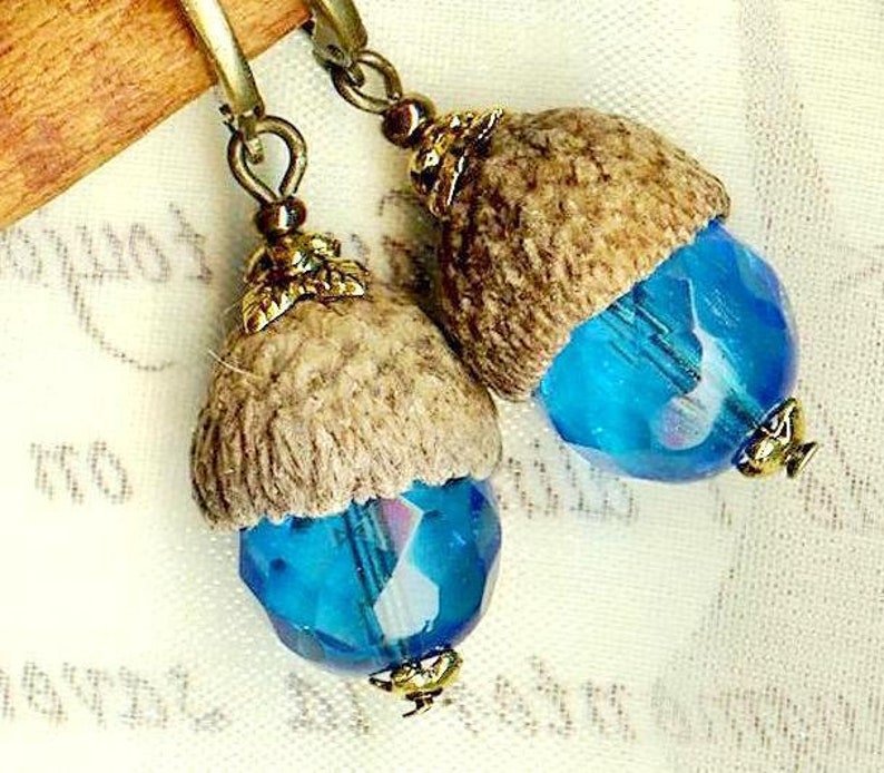 Boucles CHENES Bleu AZUR GLANDS naturels perles facettes cristal Bohême foret coupelle bronze vintage OR460 image 1