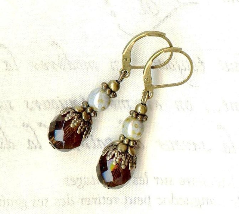 Earrings MARBLED CHOCOLATE TREASURES faceted crystal glass beads brown green grey bronze vintage gift wedding antiqued flower image 2