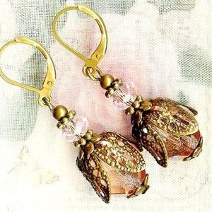 Boucles TULIPES Victoriennes PÊCHE perles facettes cristal Bohême rose abricot bronze vintage antique cadeau mariage anniversaire OR613 image 3