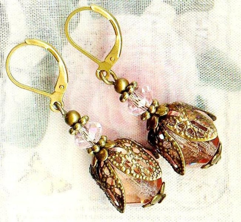 Boucles TULIPES Victoriennes PÊCHE perles facettes cristal Bohême rose abricot bronze vintage antique cadeau mariage anniversaire OR613 image 3