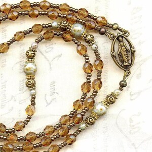 Rosary Necklace MARBLED Green and SMOKED TOPAZ faceted crystal and smooth glass beads brown bronze cross medal virgin mary communion baptism image 4