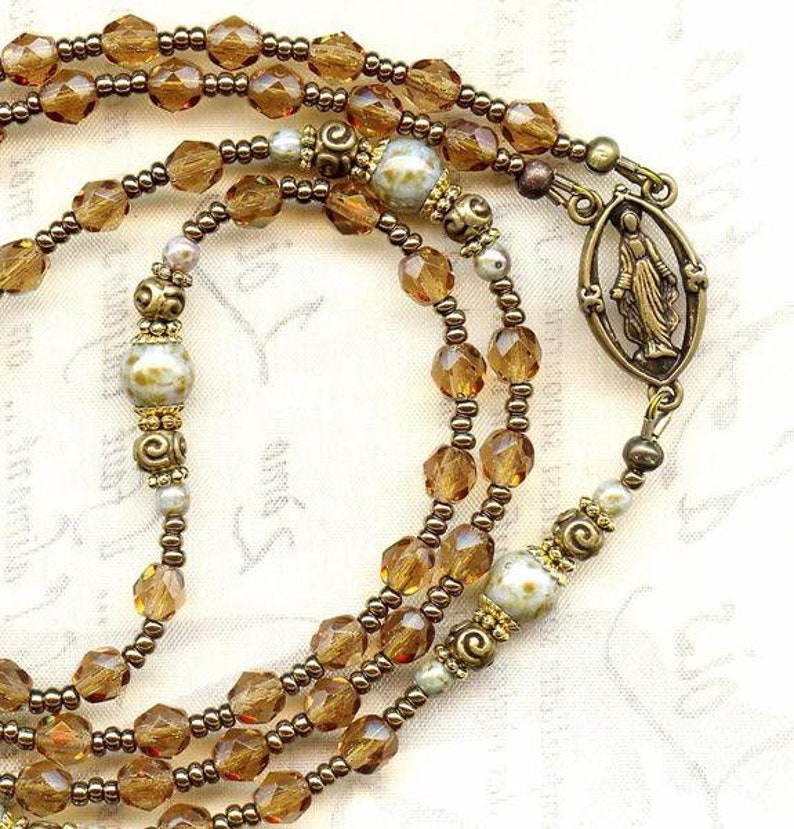 Rosary Necklace MARBLED Green and SMOKED TOPAZ faceted crystal and smooth glass beads brown bronze cross medal virgin mary communion baptism image 4