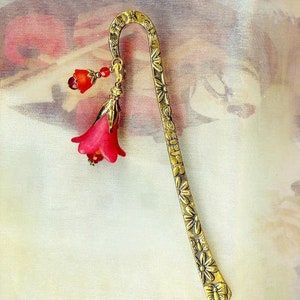 Bookmark SPRINGTIME RED TULIPE acrylic flowers crystal faceted beads antiqued gold vintage gift MP145 imagem 4