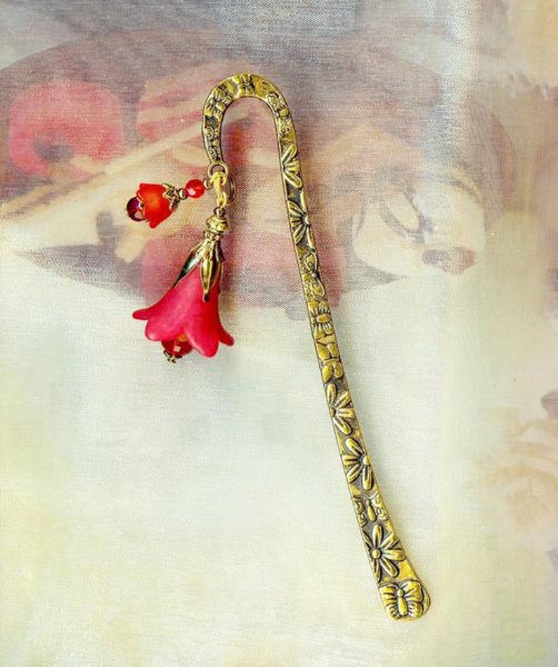 Bookmark SPRINGTIME RED TULIPE acrylic flowers crystal faceted beads antiqued gold vintage gift MP145 image 4