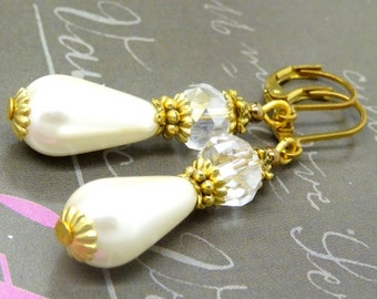 Boucles GOUTTES d'AMOUR perles verre nacrées blanches et cristal facette rondelle transparent antique or bronze vintage mariage OR788