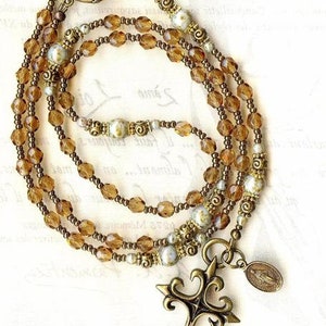 Rosary Necklace MARBLED Green and SMOKED TOPAZ faceted crystal and smooth glass beads brown bronze cross medal virgin mary communion baptism image 5