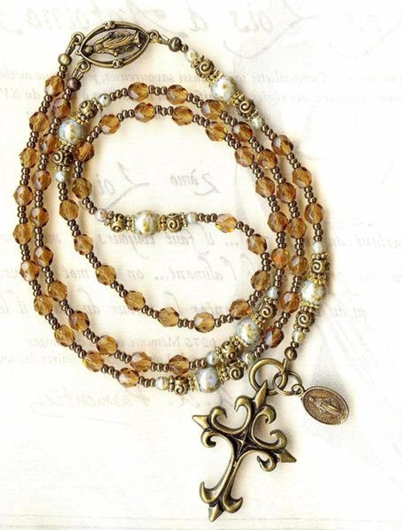 Rosary Necklace MARBLED Green and SMOKED TOPAZ faceted crystal and smooth glass beads brown bronze cross medal virgin mary communion baptism image 5