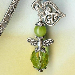 MINI-Marque-Page PETIT ANGE perles cristal oeil de chat vert olivine argent tibétain coeur cadeau amour protection guardian MP131 image 3