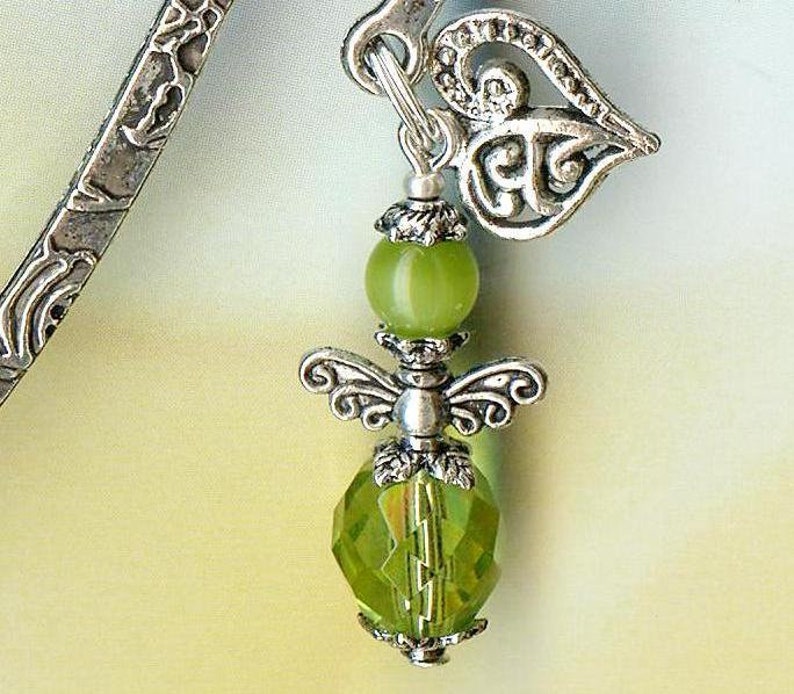 MINI-Marque-Page PETIT ANGE perles cristal oeil de chat vert olivine argent tibétain coeur cadeau amour protection guardian MP131 image 3