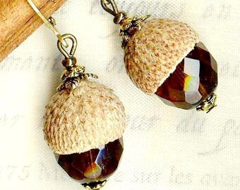 Earrings BROWN TOPAZ ACORN Czech Crystal beads natural caps oak tree forest vintage smoked faceted beads OR575