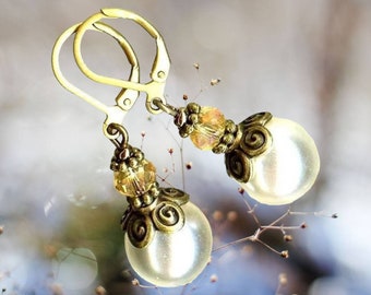 Boucles  WHITE PEARL perles en verre cristal facetté rondelle topaz blanc bronze vintage fleurs nacré OR686