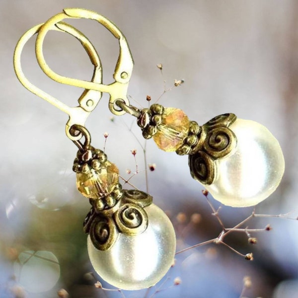 Boucles  WHITE PEARL perles en verre cristal facetté rondelle topaz blanc bronze vintage fleurs nacré OR686