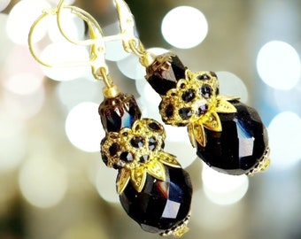 Boucles FESTIVAL perles verre cristal facettes bohême rondelle strass or fete mariage noir doré cadeau antique cathedral octogonal amour