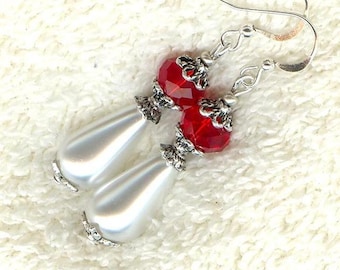 Earrings LOVE DROPS white faux pearl glass and faceted red crystal beads wedding love vintage gift OR245