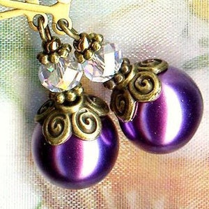 Boucles LAVENDER PEARL perles cristal bronze nacré violette lilas mauve facettes Bohême fleurs vintage OR687 image 1