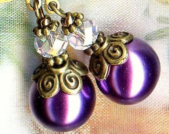 Earrings LAVANDER PEARL faceted crystal roundel beads round faux pearl glass lilac violet purple flower bronze brass wedding OR687