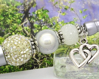 Ball Pen INDONESIA The LOVERS wedding favour guest gift beads glass kashmiri white miracle tibetan silver charm heart