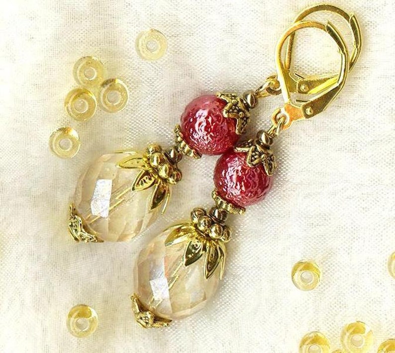 Earrings BAROQUE Luster Topaz gold Copper faceted crystal beads faux pearl frosted glass vintage gold antiqued OR265 image 2