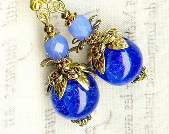 Boucles BLEUETS vintage perles en verre craquelé et cristal facettes de Bohême bleu royal jeans pastel bronze antique cadeau OR445