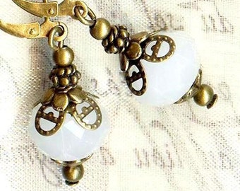Earrings MILK DROPS beads faceted crystal white opale opaque bronze antiqued wedding gift roundel rondelle OR531