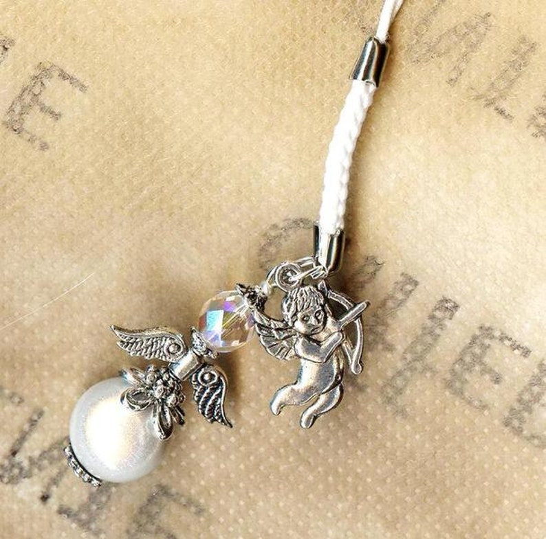 Cellphone pendant charm CELESTIAL WHITE beads crystal faceted miracle glass wedding gift guests luck protection prayer guardian heaven image 2