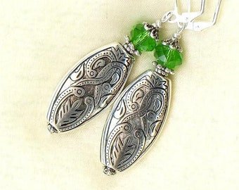 Boucles ARABESQUE VERT foncé vieil argent CCB perles cristal foret pelouse green leger été orientale OR294