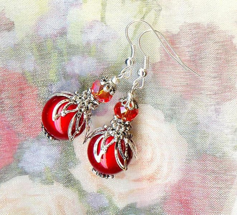 Boucles CERISES MAGIQUES cristal facettes rondelles ORANGE argent fleurs perles rouge OR387-mod image 2