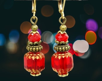 Earrings CATHEDRAL SIAM RED matt crystal faceted octoganlly dyed beads wedding xmas gift love bronze gold antiqued opaqueOR760