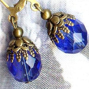 Boucles Joyaux de Bohême SAPPHIRE perles facettes cristal bleu bronze vintage antique OR567 image 1