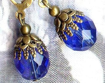 Boucles Joyaux de Bohême SAPPHIRE perles facettes cristal bleu bronze vintage antique OR567