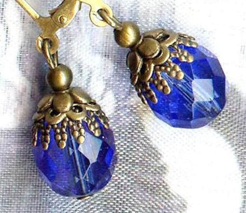 Boucles Joyaux de Bohême SAPPHIRE perles facettes cristal bleu bronze vintage antique OR567 image 1