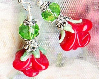 Earrings MAGIC ROSES RED lampwork glass beads crystal faceted rondelle green flower garden love tibetan silver  OR719