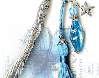 Bookmark MERMAID and STARFISH tibetan silver charm and silky tassel turquoise beads crystal glass MP199