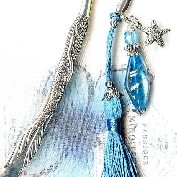 Marque-Page SIRENE POMPON simili soie TURQUOISE Lampwork cristal perles verre argent tibetain mer etoile MP199