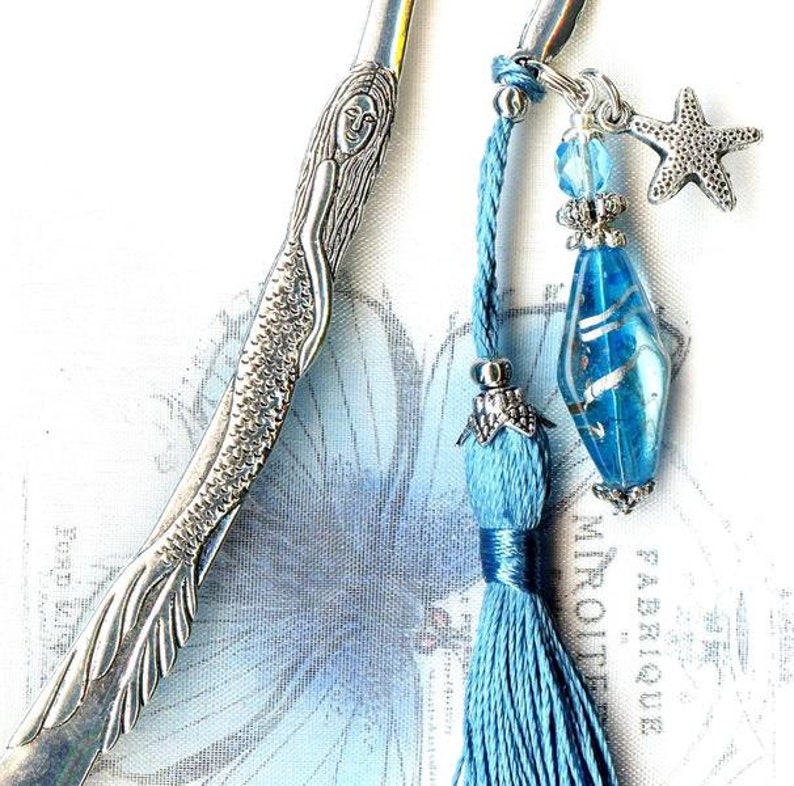 Marque-Page SIRENE POMPON simili soie TURQUOISE Lampwork cristal perles verre argent tibetain mer etoile MP199 image 1