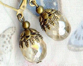 Earrings Bohemian Jewels LUSTER TOPAZ GOLD facetged crystal beads bronze vintage antiqued wedding gift OR543