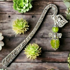 MINI-Marque-Page PETIT ANGE perles cristal oeil de chat vert olivine argent tibétain coeur cadeau amour protection guardian MP131 image 2