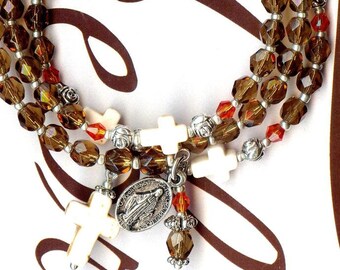 Rosary Bracelet MAGNESITE gemstone beads and faceted crystal Czech cross charm stone brown Smoked Topaz mary virgin medal RK099