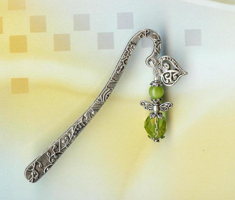 MINI Bookmark LITTLE ANGELfaceted crystal glass cat-eye beads green tibetan silver protection gardian fairy heart olivine MP131 image 5