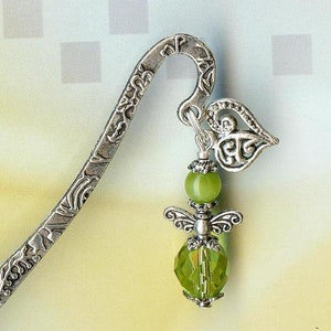 MINI Bookmark LITTLE ANGELfaceted crystal glass cat-eye beads green tibetan silver protection gardian fairy heart olivine MP131 image 4