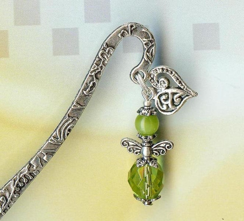 MINI Bookmark LITTLE ANGELfaceted crystal glass cat-eye beads green tibetan silver protection gardian fairy heart olivine MP131 image 4