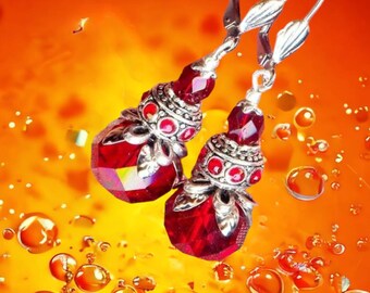 Earrings  ANTIGUO RED faceted rhinestone roundel rondelle beads strass crystal wedding love silver tibetan gift OR770