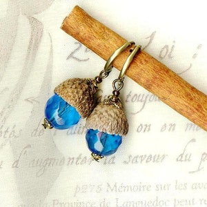 Boucles CHENES Bleu AZUR GLANDS naturels perles facettes cristal Bohême foret coupelle bronze vintage OR460 image 3