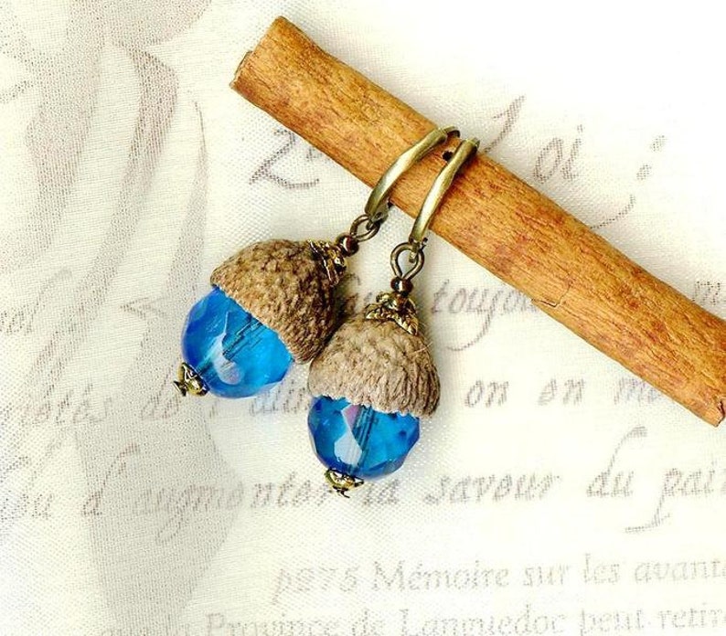 Boucles CHENES Bleu AZUR GLANDS naturels perles facettes cristal Bohême foret coupelle bronze vintage OR460 image 3