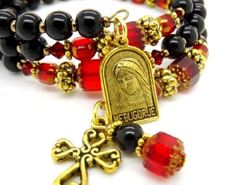 Rosary bracelet BLACK and RED faceted crystal cathedral Czech glass beads medal cross charm virgin communion baptism wedding memory wire