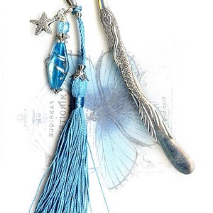 Marque-Page SIRENE POMPON simili soie TURQUOISE Lampwork cristal perles verre argent tibetain mer etoile MP199 image 2