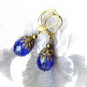 Boucles Joyaux de Bohême SAPPHIRE perles facettes cristal bleu bronze vintage antique OR567 image 2
