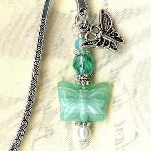 mini bookmark BUTTERFLY blue ZIRCON glass faceted crystal faux pearl white bead tibetan silver charm MP165 image 1