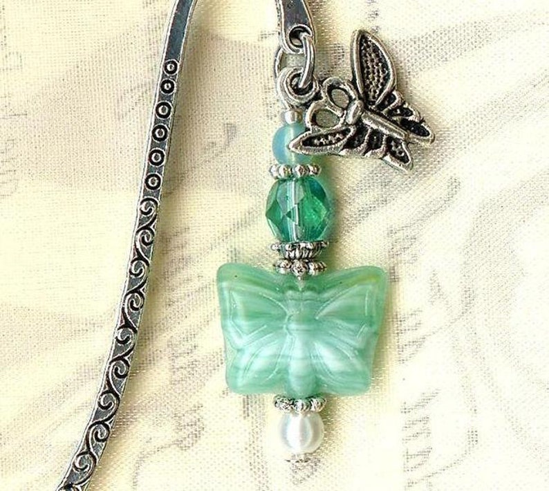 mini bookmark BUTTERFLY blue ZIRCON glass faceted crystal faux pearl white bead tibetan silver charm MP165 image 1